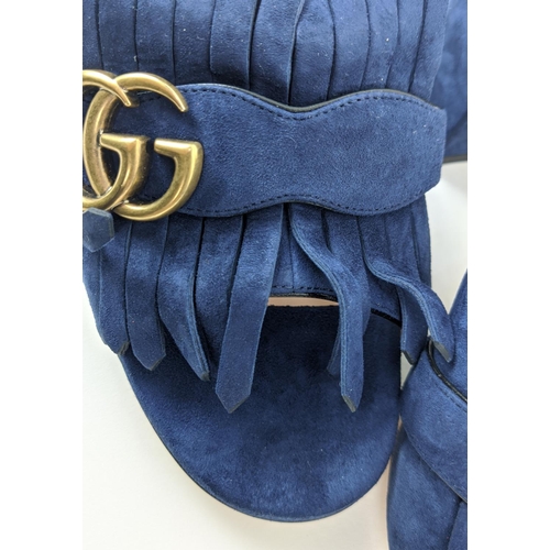 27 - GUCCI BLUE SUEDE GG MARMONT FRINGE SLIDE SANDALS, made in Italy, with double G hardware logo, size 3... 