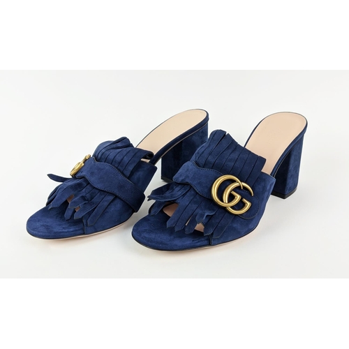 27 - GUCCI BLUE SUEDE GG MARMONT FRINGE SLIDE SANDALS, made in Italy, with double G hardware logo, size 3... 