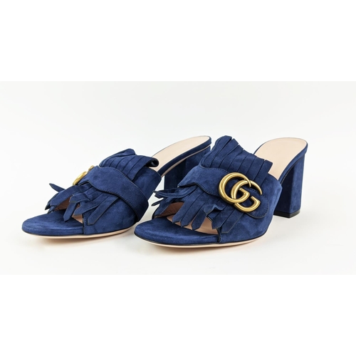 27 - GUCCI BLUE SUEDE GG MARMONT FRINGE SLIDE SANDALS, made in Italy, with double G hardware logo, size 3... 