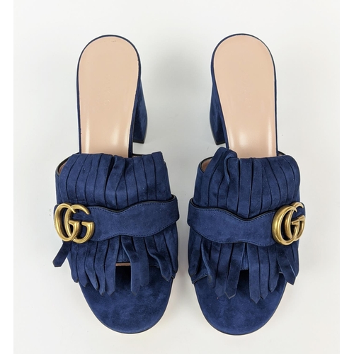 27 - GUCCI BLUE SUEDE GG MARMONT FRINGE SLIDE SANDALS, made in Italy, with double G hardware logo, size 3... 