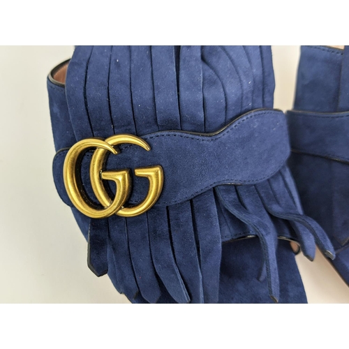 27 - GUCCI BLUE SUEDE GG MARMONT FRINGE SLIDE SANDALS, made in Italy, with double G hardware logo, size 3... 