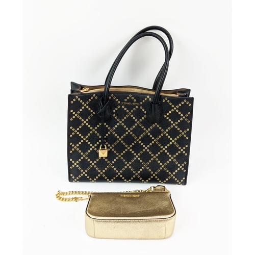 32 - MICHAEL KORS HANDBAG, black leather with front gold tone pattern design, gold tone hardware, two top... 