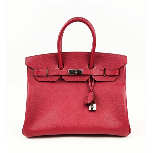 34 - HERMÈS BIRKIN 35 ROUGE, palladium hardware, top handles, color matching leather lining, one zip pock... 