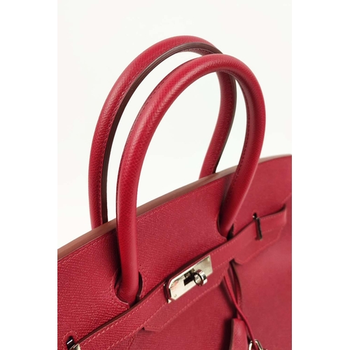 34 - HERMÈS BIRKIN 35 ROUGE, palladium hardware, top handles, color matching leather lining, one zip pock... 