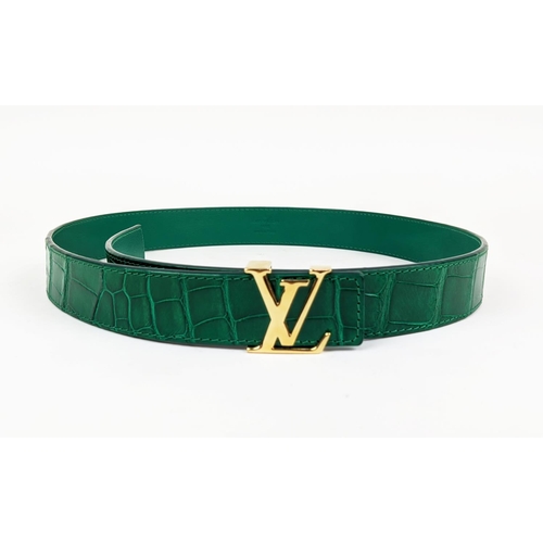 35 - LOUIS VUITTON CROCODILE BELT, green exotic leather with gold tone initials at the front, size 80/32,... 