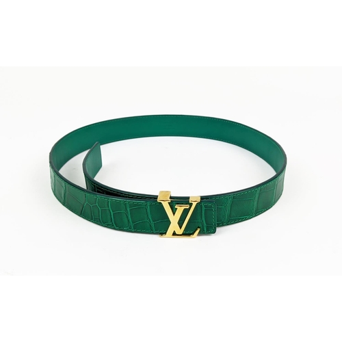 35 - LOUIS VUITTON CROCODILE BELT, green exotic leather with gold tone initials at the front, size 80/32,... 