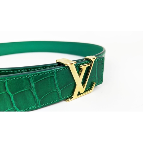 35 - LOUIS VUITTON CROCODILE BELT, green exotic leather with gold tone initials at the front, size 80/32,... 