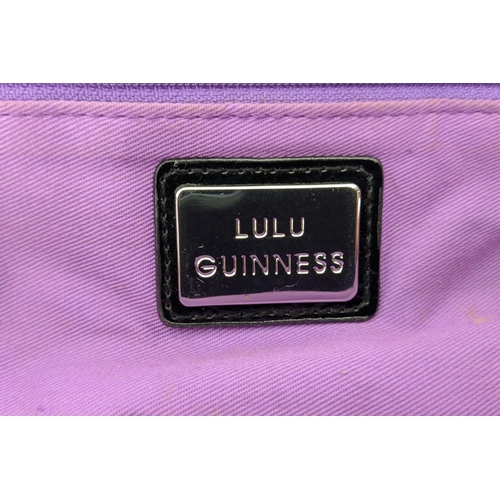 38 - LULU GUINESS VINTAGE CLUTCH, with crossover clasp in black resin, polka dot pattern with purple fabr... 