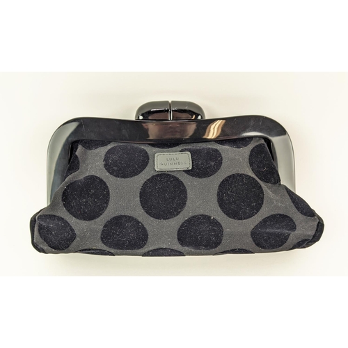 38 - LULU GUINESS VINTAGE CLUTCH, with crossover clasp in black resin, polka dot pattern with purple fabr... 