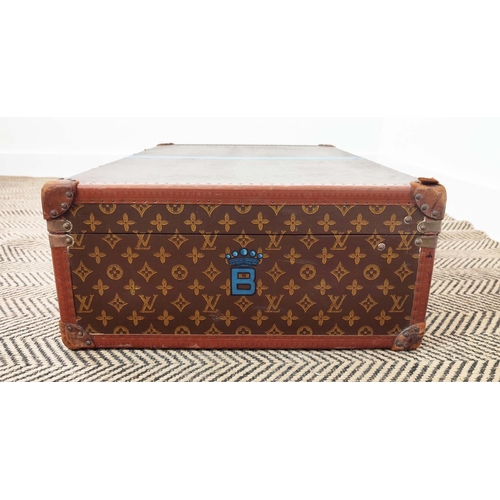 39 - LOUIS VUITTON VINTAGE HARD SUITCASE, monogrammed with leather handles and trims with decorative blue... 