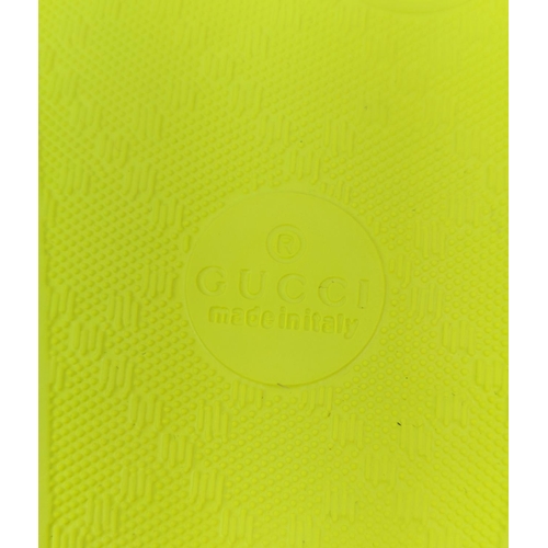 45 - GUCCI JUNIOR LOGO RUBBER SLIDERS, yellow fluo, embossed logo, rubber sole, made in Italy, size 27, w... 