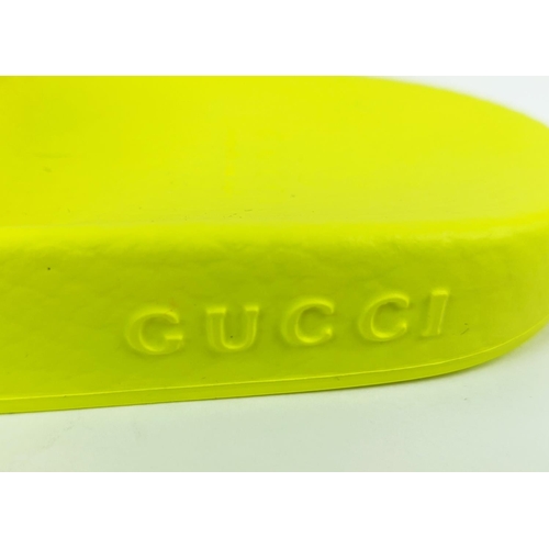 45 - GUCCI JUNIOR LOGO RUBBER SLIDERS, yellow fluo, embossed logo, rubber sole, made in Italy, size 27, w... 