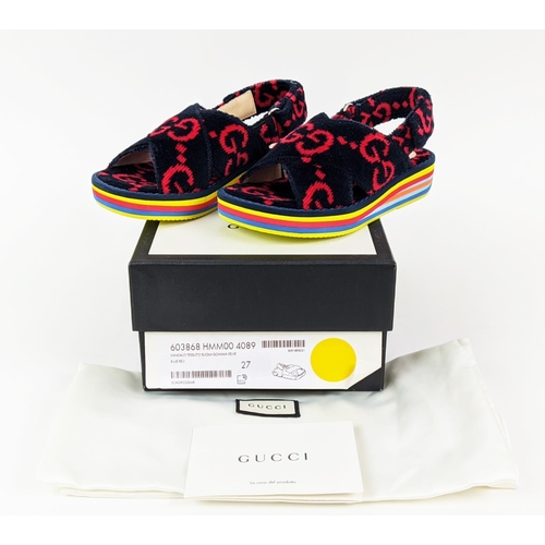 46 - GUCCI CHILDREN TOWELLING SANDALS, monogrammed, with slingback velcro strap closure, rubber rainbow s... 