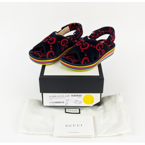 46 - GUCCI CHILDREN TOWELLING SANDALS, monogrammed, with slingback velcro strap closure, rubber rainbow s... 