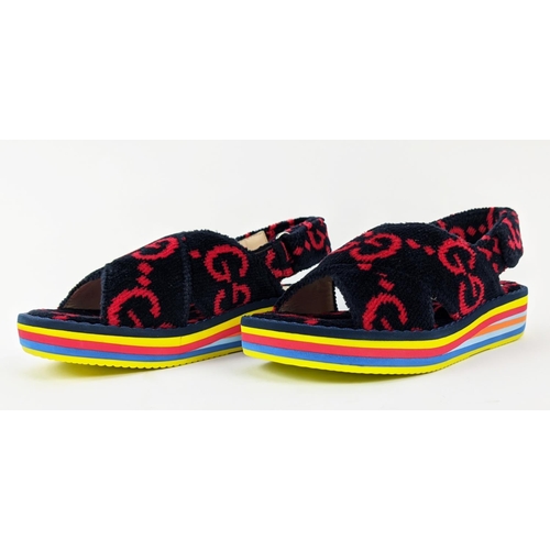 46 - GUCCI CHILDREN TOWELLING SANDALS, monogrammed, with slingback velcro strap closure, rubber rainbow s... 