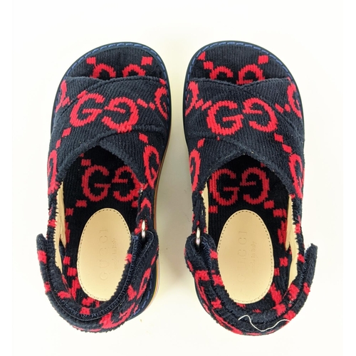 46 - GUCCI CHILDREN TOWELLING SANDALS, monogrammed, with slingback velcro strap closure, rubber rainbow s... 