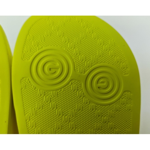 47 - GUCCI JUNIOR LOGO RUBBER SLIDERS, yellow fluo, embossed logo, rubber sole, made in Italy, size 27, w... 