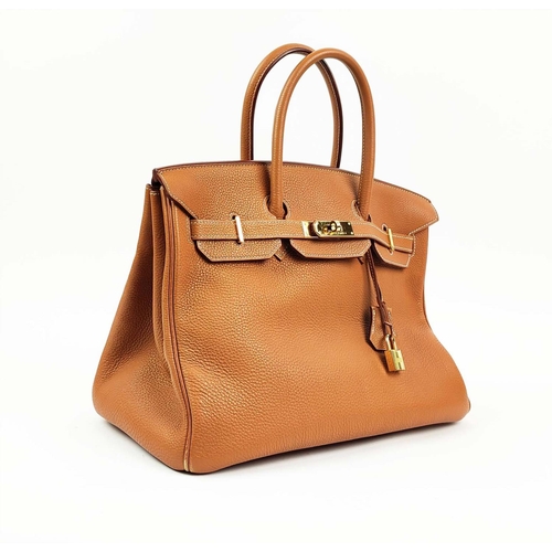 49 - HERMÈS BIRKIN 35 GOLD, gold tone hardware, top handles, color matching leather lining, one zip pocke... 