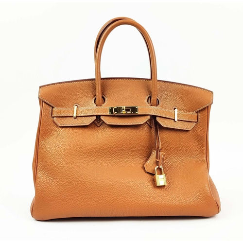 49 - HERMÈS BIRKIN 35 GOLD, gold tone hardware, top handles, color matching leather lining, one zip pocke... 