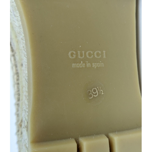 5 - GUCCI CREAM VINTAGE LOGO PRINT CANVAS SYLVIE DOUBLE PLATFORM ESPADRILLES, leather trim, rubber sole,... 