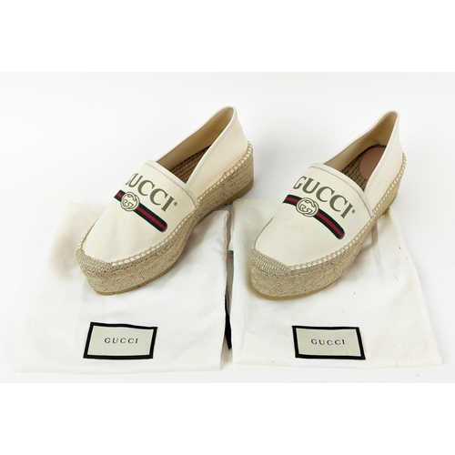 5 - GUCCI CREAM VINTAGE LOGO PRINT CANVAS SYLVIE DOUBLE PLATFORM ESPADRILLES, leather trim, rubber sole,... 