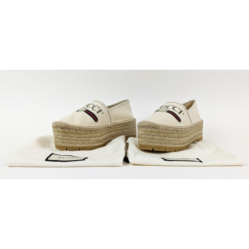 5 - GUCCI CREAM VINTAGE LOGO PRINT CANVAS SYLVIE DOUBLE PLATFORM ESPADRILLES, leather trim, rubber sole,... 