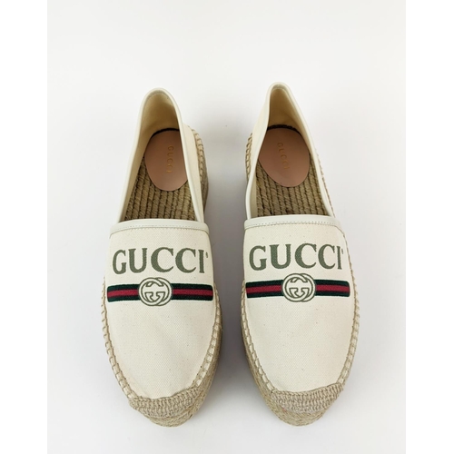 5 - GUCCI CREAM VINTAGE LOGO PRINT CANVAS SYLVIE DOUBLE PLATFORM ESPADRILLES, leather trim, rubber sole,... 