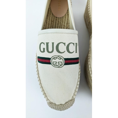 5 - GUCCI CREAM VINTAGE LOGO PRINT CANVAS SYLVIE DOUBLE PLATFORM ESPADRILLES, leather trim, rubber sole,... 