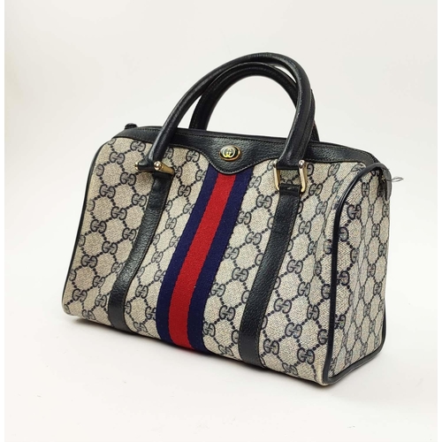 51 - GUCCI VINTAGE BOSTON WEB BAG, monogram coated canvas with navy leather trims and two top handles, wi... 