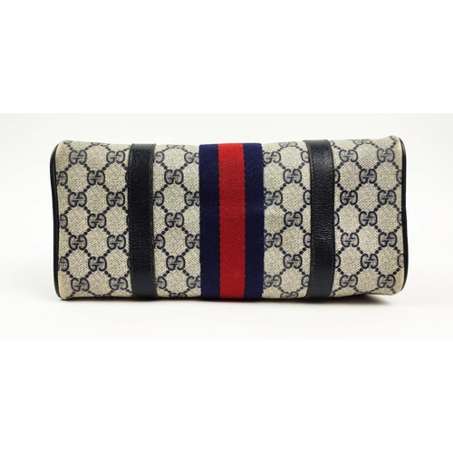 51 - GUCCI VINTAGE BOSTON WEB BAG, monogram coated canvas with navy leather trims and two top handles, wi... 