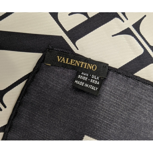 55 - VALENTINO LOGO SILK SCARF, made in Italy, patterned with the brand name on off white background and ... 