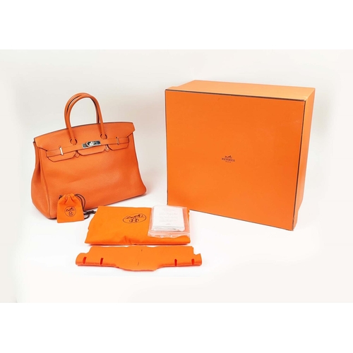 65 - HERMÉS ORANGE BIRKIN 35, Clemence leather with palladium hardware, top handles, color matching leath... 