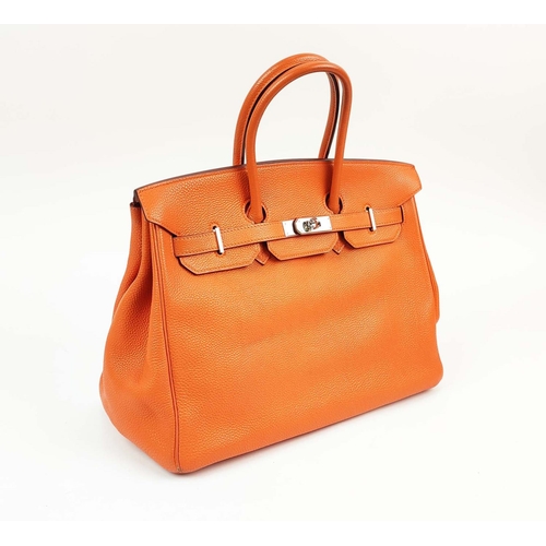 65 - HERMÉS ORANGE BIRKIN 35, Clemence leather with palladium hardware, top handles, color matching leath... 