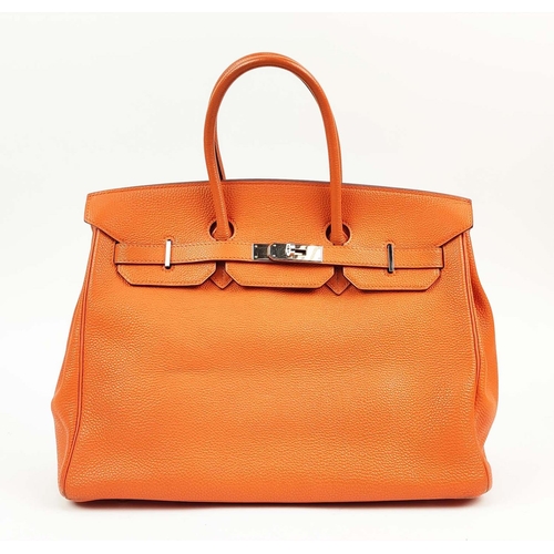 65 - HERMÉS ORANGE BIRKIN 35, Clemence leather with palladium hardware, top handles, color matching leath... 