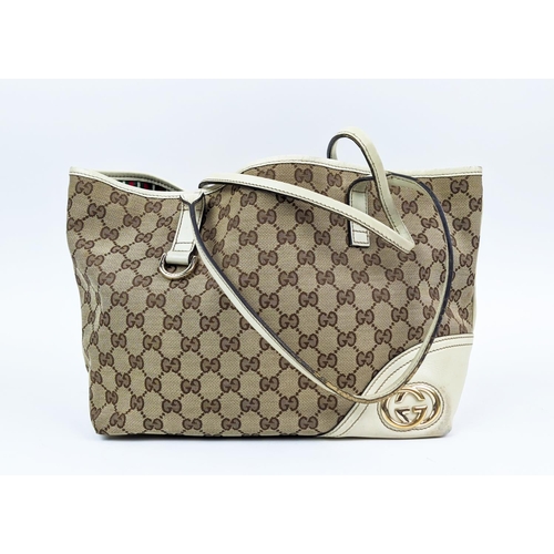 78 - GUCCI VINTAGE SHOULDER BAG, monogram canvas with leather handles, bottom and trims, iconic web strip... 