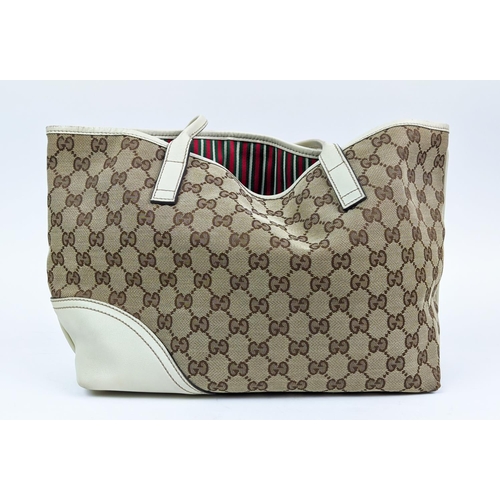 78 - GUCCI VINTAGE SHOULDER BAG, monogram canvas with leather handles, bottom and trims, iconic web strip... 