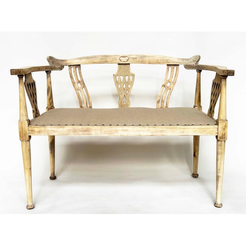 113 - HALL BENCH, early 20th century Edwardian fruitwood and inlaid with brass studded velvet upholstered ... 