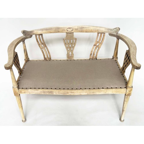 113 - HALL BENCH, early 20th century Edwardian fruitwood and inlaid with brass studded velvet upholstered ... 