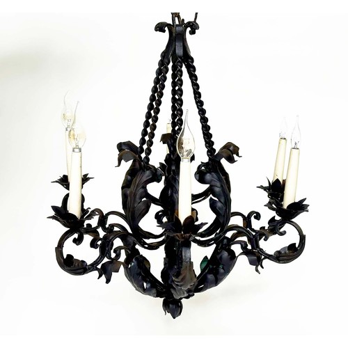 121 - CHANDELIER, scrolling and twisted wrought iron in antique finish with six candle lights, 73cm H.