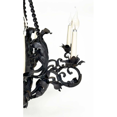 121 - CHANDELIER, scrolling and twisted wrought iron in antique finish with six candle lights, 73cm H.