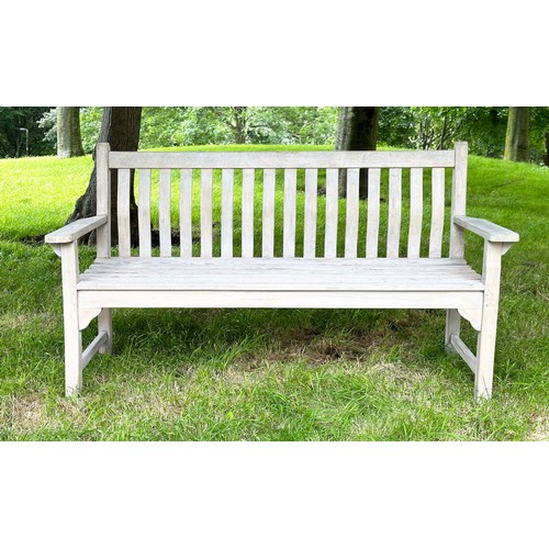 159 - GARDEN BENCH, weathered teak of slatted construction with flat top arms, 158cm W.