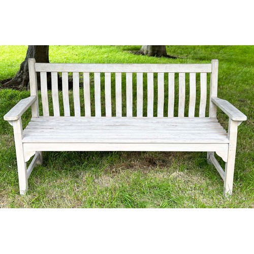 159 - GARDEN BENCH, weathered teak of slatted construction with flat top arms, 158cm W.