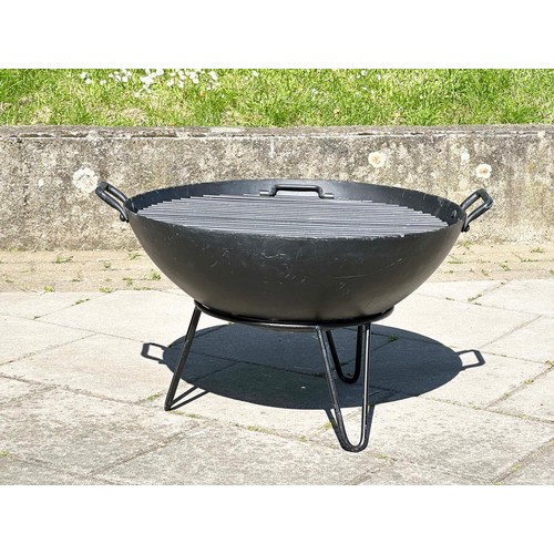 152 - INDIAN STYLE KADAI FIRE BOWL, heavy duty metal on stand, 79cm x 49cm H.