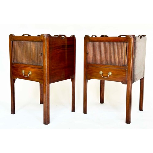 111 - BEDSIDE/LAMP TABLES, a pair, George III design mahogany each with tambour door and drawer, 49cm W x ... 