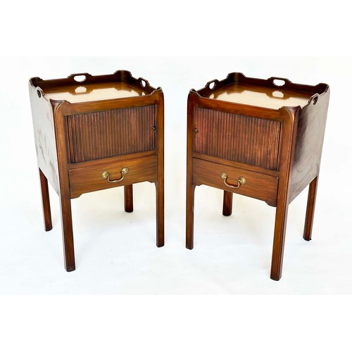 111 - BEDSIDE/LAMP TABLES, a pair, George III design mahogany each with tambour door and drawer, 49cm W x ... 