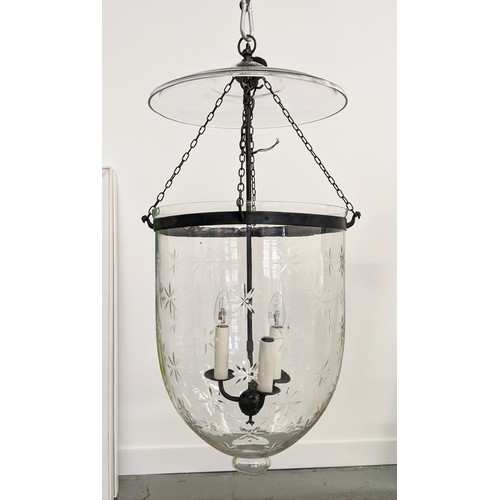 182 - HANGING LANTERN, with a gut glass bowl, 83cm H x 37cm.