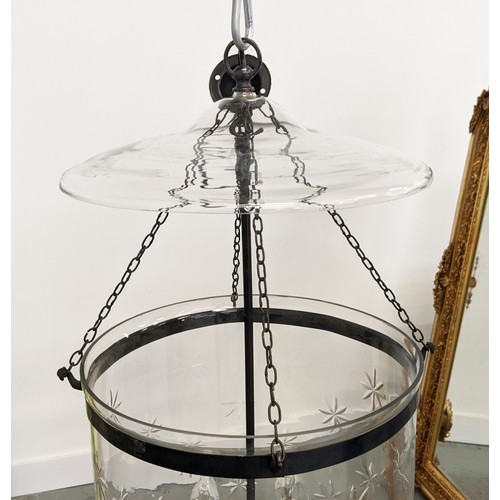 182 - HANGING LANTERN, with a gut glass bowl, 83cm H x 37cm.