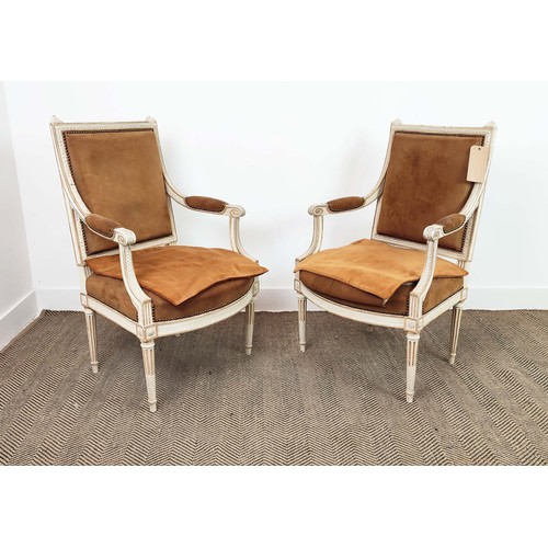 135 - FAUTEUILS, a pair, late 19th century French painted and distressed suede, each 58cm x 97cm H. (2)