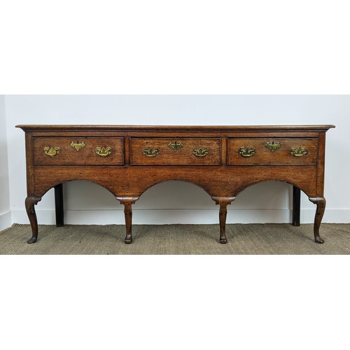 131 - DRESSER BASE, George III oak, with three drawers, 199cm x 47cm x 78cm H.