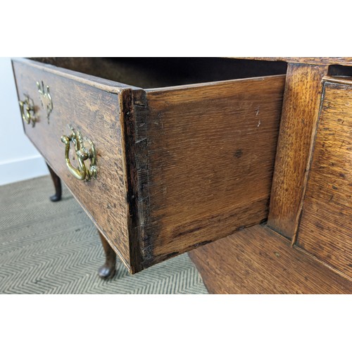 131 - DRESSER BASE, George III oak, with three drawers, 199cm x 47cm x 78cm H.